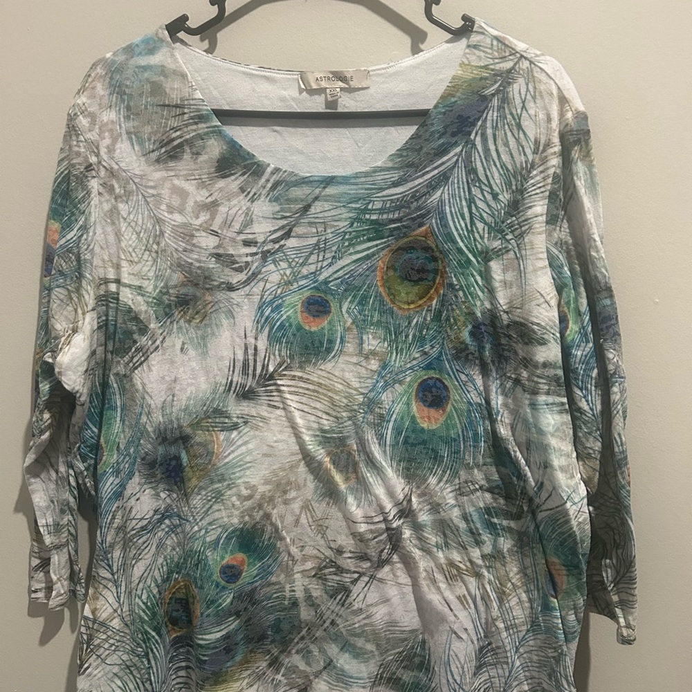 Astrologie White Long-Sleeve Top with Teal Peacock Feather Print